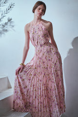 Jenna Pleated Long Dress -Pink.flower- – Estella.K