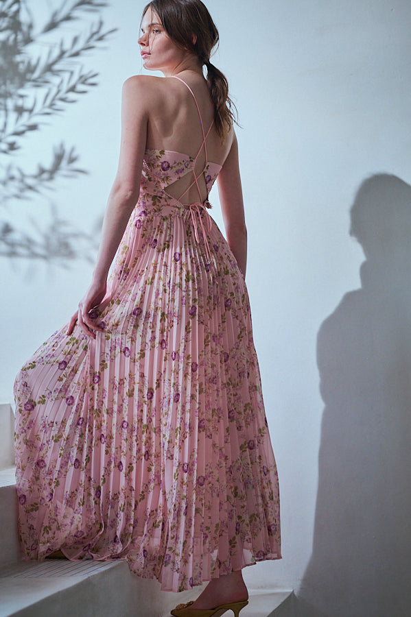 Jenna Pleated Long Dress -Pink.flower- – Estella.K
