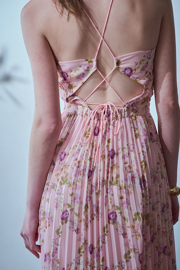 Jenna Pleated Long Dress -Pink.flower- – Estella.K