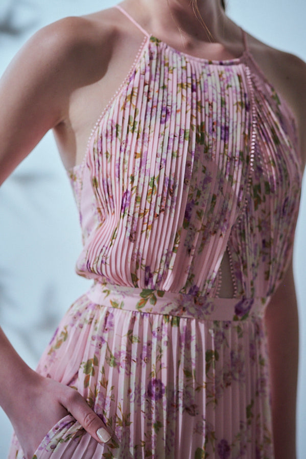 Jenna Pleated Long Dress -Pink.flower- – Estella.K