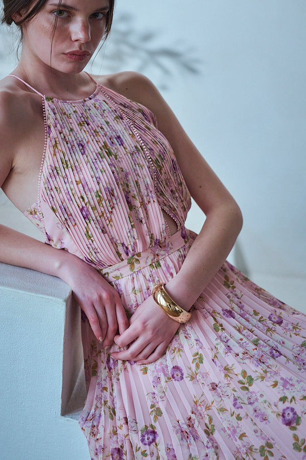 Jenna Pleated Long Dress -Pink.flower- – Estella.K