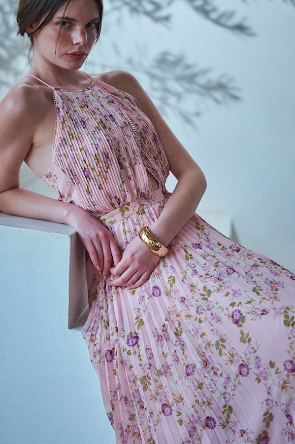 Jenna Pleated Long Dress -Pink.flower- – Estella.K