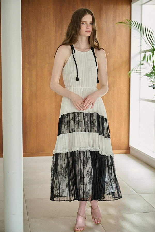 Pre-orderEva Pleated Long Dress-White×Black- – Estella.K