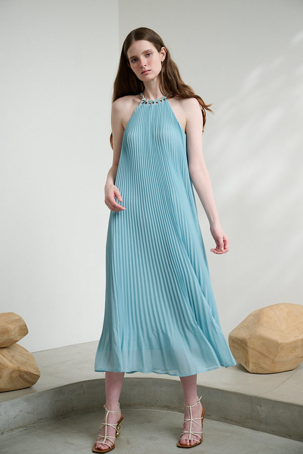 Agnes Pleated Long Dress -SAX- – Estella.K