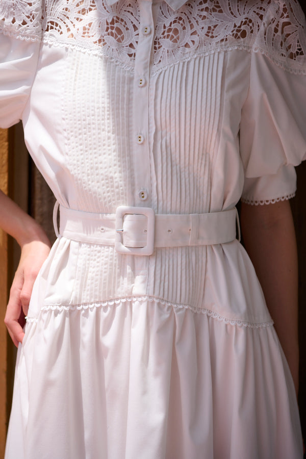 Isabel Lace Belted Dress -WHT-