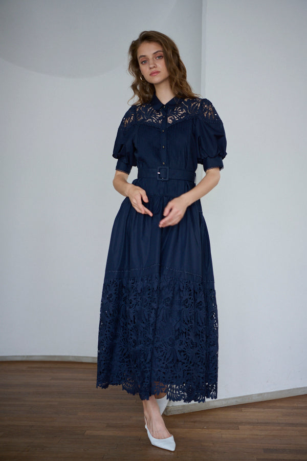 Isabel Lace Belted Dress -NVY-