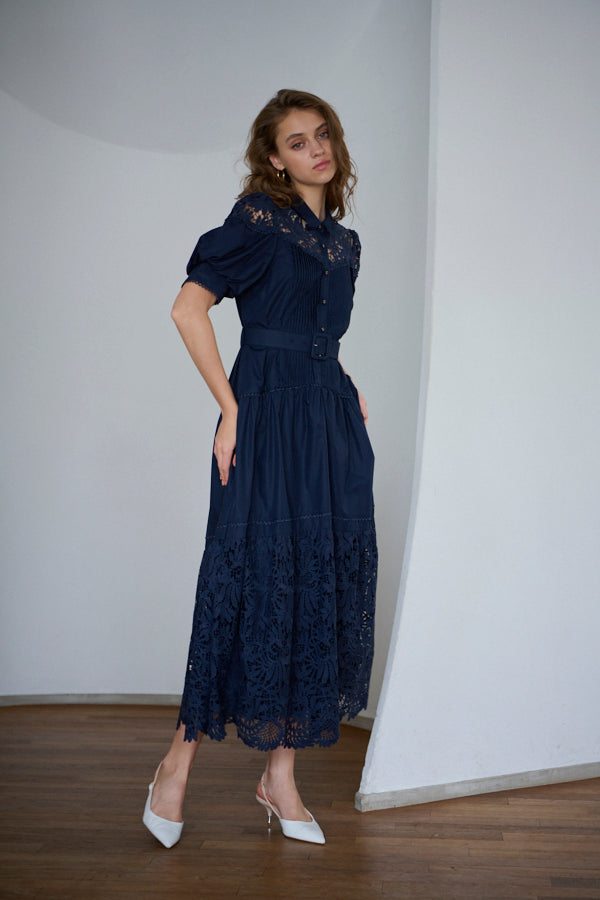 Isabel Lace Belted Dress -NVY- – Estella.K