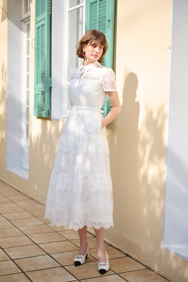 エステラケー　ボーダーレースドレス Rebecca Border Lace Dress -White- – Estella.K