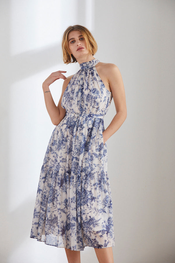 Pre-order Positano Belted long Dress<br>-WHT x nvy-