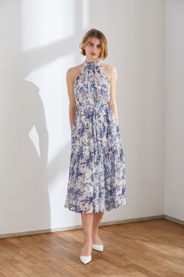 Pre-order Positano Belted long Dress<br>-WHT x nvy-