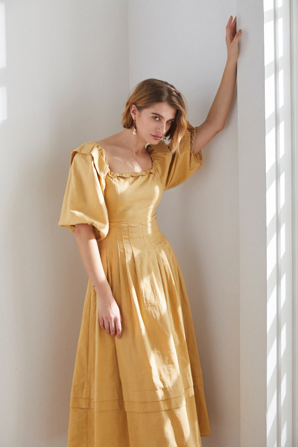 Sweetheart Linen Long Dress <br>-YEL-
