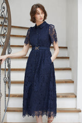 Charlotte Belted Lace Dress -NVY- – Estella.K