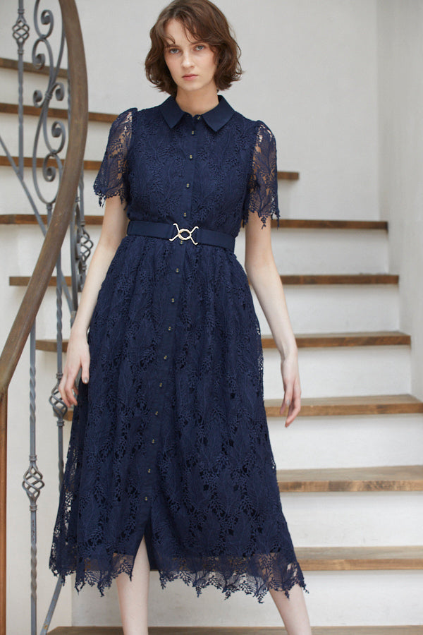 Charlotte Belted Lace Dress <br> -NVY-