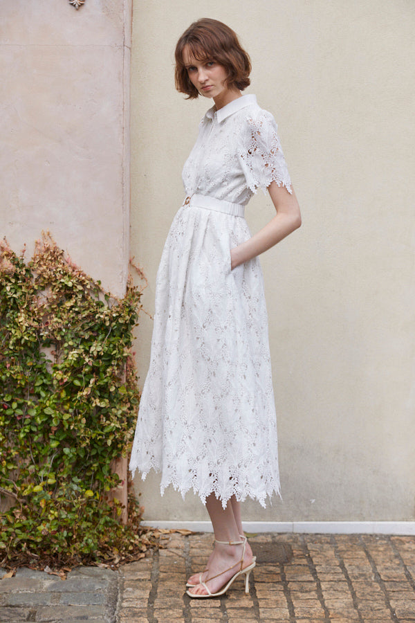 Charlotte Belted Lace Dress <br> -WHT-
