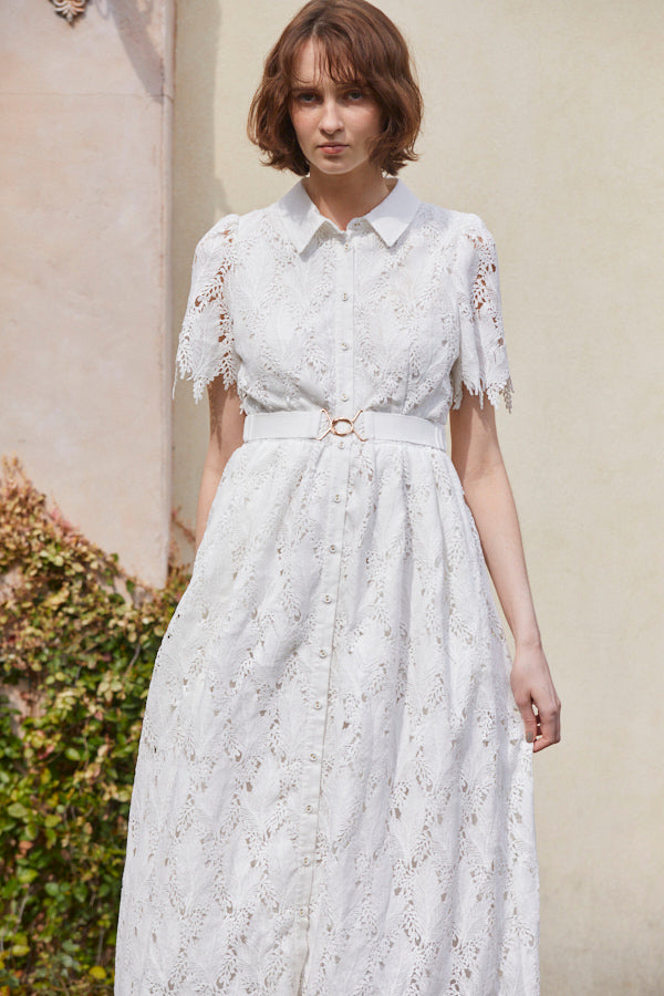 Charlotte Belted Lace Dress <br> -WHT-