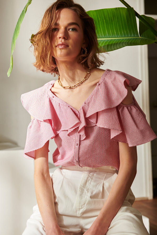estella.k エステラケー ブラウス Cold Shoulder Stripe Blouse -RED st..- – Estella.K