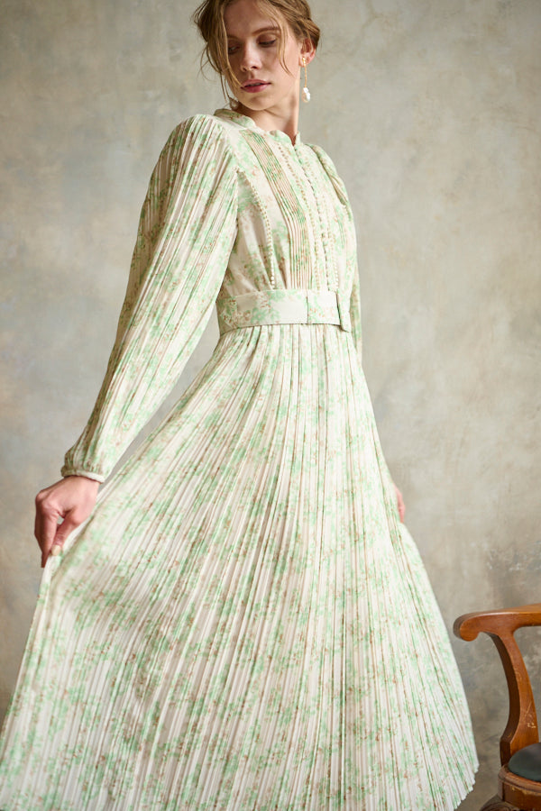 Jane Belted Dress-Flower printed <br> -GRN-