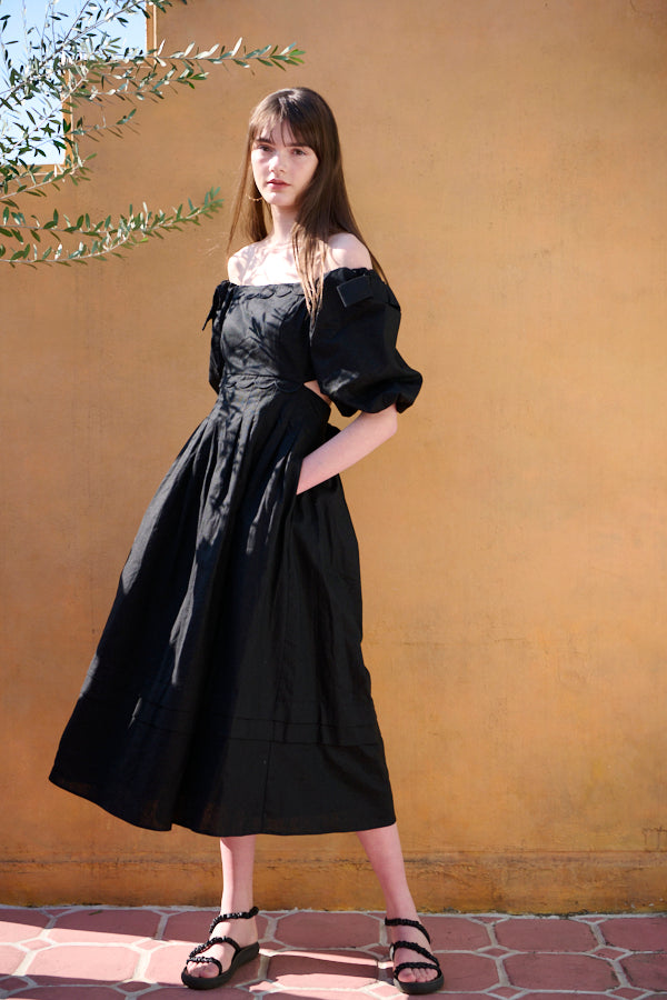 Sweetheart Linen Long Dress<br> -BLK-