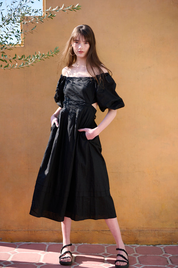 Sweetheart Linen Long Dress, -BLK-
