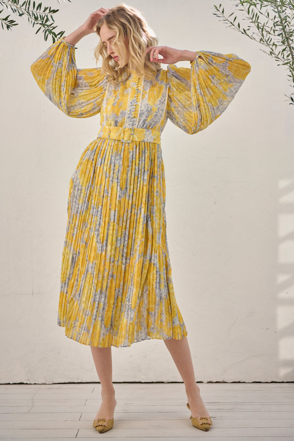 Jane Belted Dress <br>-Flower printed -YEL flower-