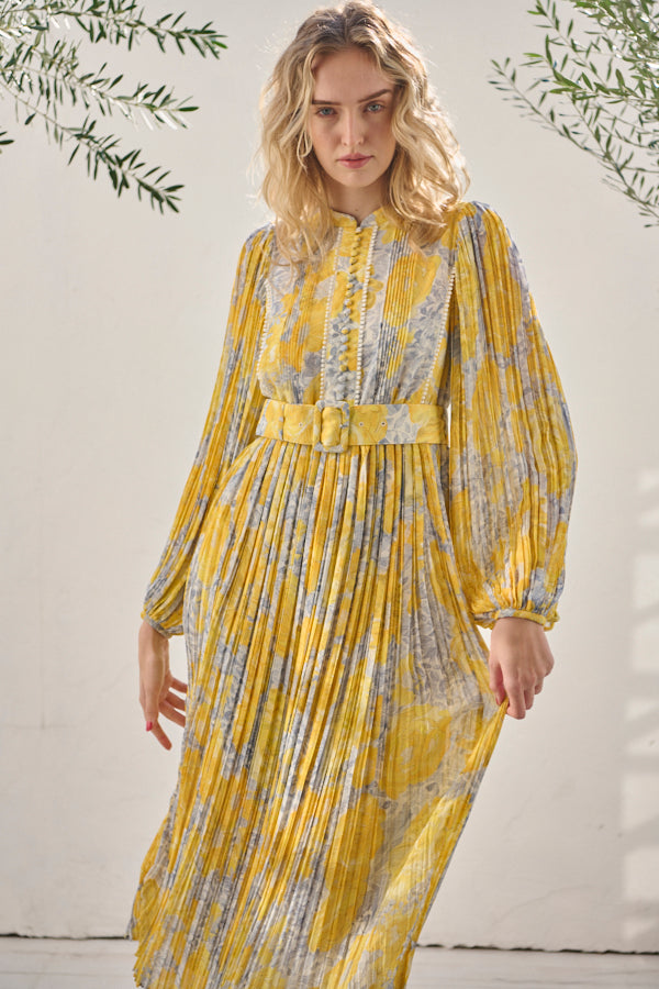 Jane Belted Dress <br>-Flower printed -YEL flower-