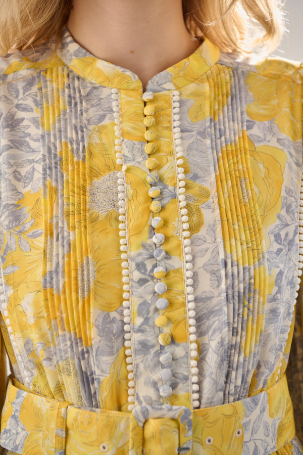 Jane Belted Dress <br>-Flower printed -YEL flower-