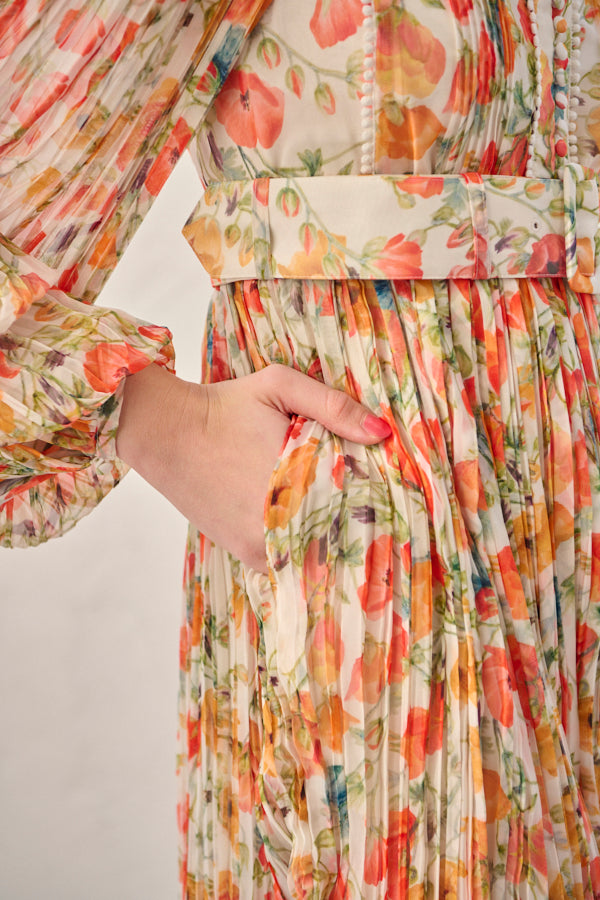 Jane Belted Dress <br>-Flower printed -ORG flower-