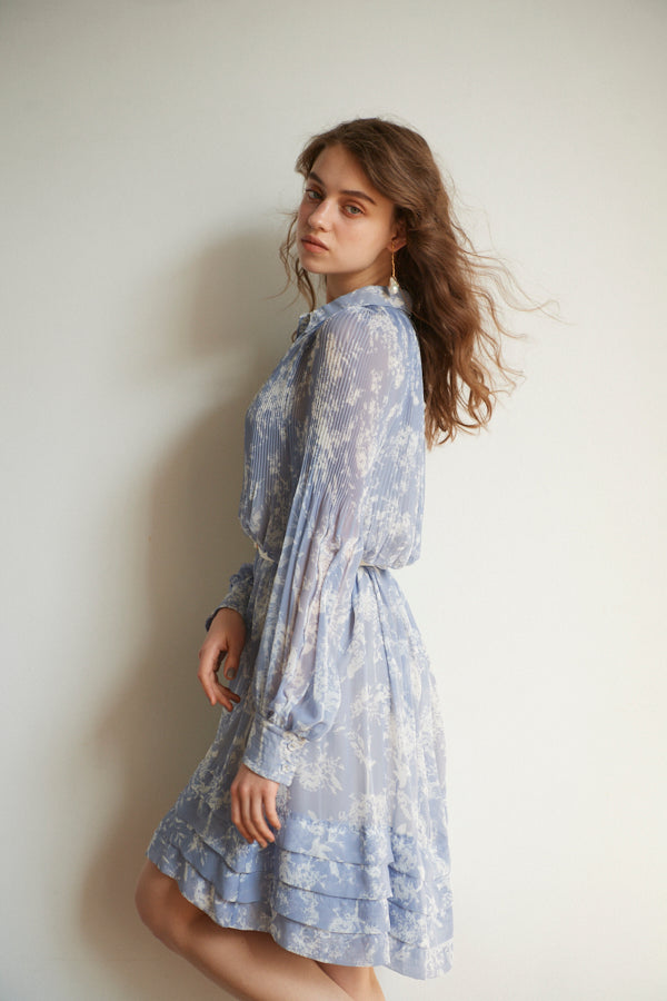 Merida Floral Belted Dress <br>  -SAX x WHT pt -