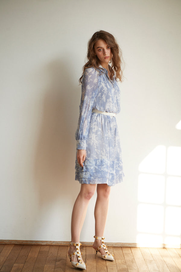 Merida Floral Belted Dress <br>  -SAX x WHT pt -